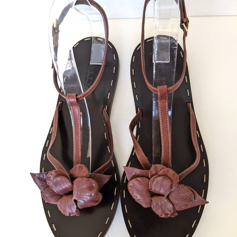 BALLY sandals strappy leather flat DARK BROWN size. 40.5 EU 9.5 flowers summer